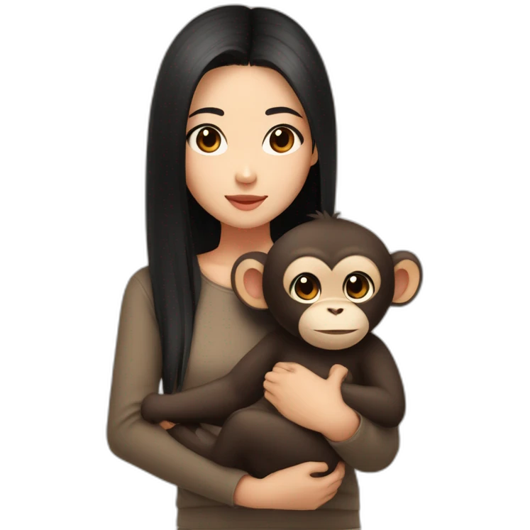 Asian girl with brown eyes and black hair and cute top cuddling a brown lovely monkey emoji