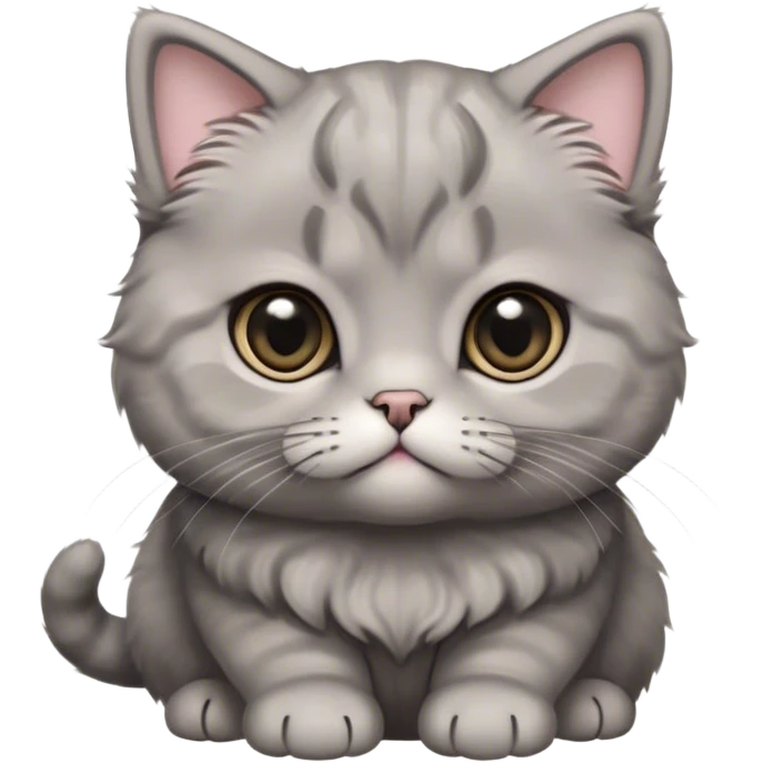 Cinematic Adorable Fluffy Grey Scottish Fold Cat Portrait Emoji, Head tilted cutely with big, sparkling eyes and adorable folded ears, soft grey fur with darker points on the ears, face, and paws, Simplified yet irresistibly adorable features, highly detailed, glowing with a soft, warm glow, high shine, affectionate and playful, stylized with a touch of whimsy, bright and endearing, soft glowing outline, capturing the essence of a curious and loving kitten with the signature charm of a Scottish Fold's unique folded ears, so cute it feels like it could leap out of the screen and snuggle up for a cuddle! emoji