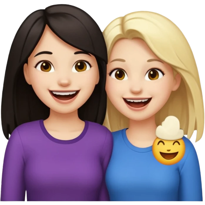 two girls laughing together, one with dark hair and one with blonde hair, best friends, emoji style emoji
