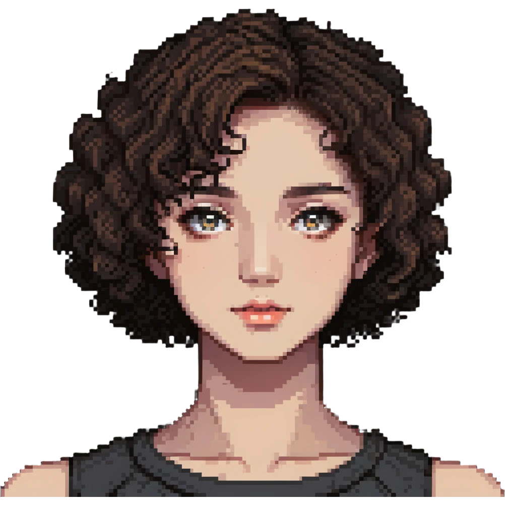 girl with short curly hair parted on the side, dark eyes and light makeup emoji
