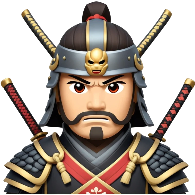 clash-of-clans-aesthetic_-cinematic-fearsome-and-majestic-samurai-bust-portrait-emoji, rendered in a flat, vector-style with minimal shading and bold, simplified shapes typical of emoji art, depicting a battle-hardened samurai with steely eyes and traditional black Japanese armor, riding a noble grey warhorse adorned with an intricately designed saddle and fluttering banners, against a backdrop of cherry blossoms and a rising sun. emoji