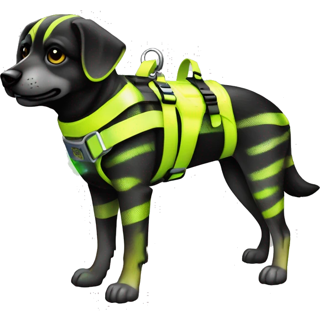 Neon Yellow and black striped caution dog covered in caution tape and holographic oilslick harness neon graffiti  emoji