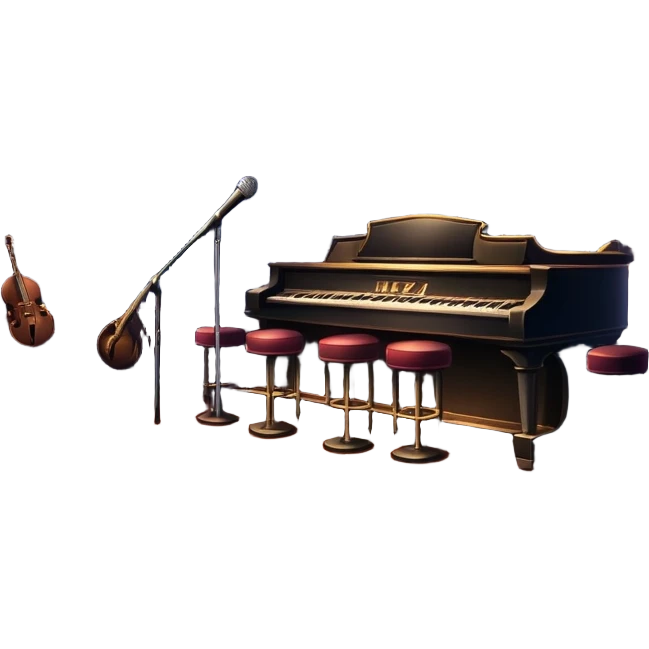 jazz nightclub with stage, microphone, and city lights emoji