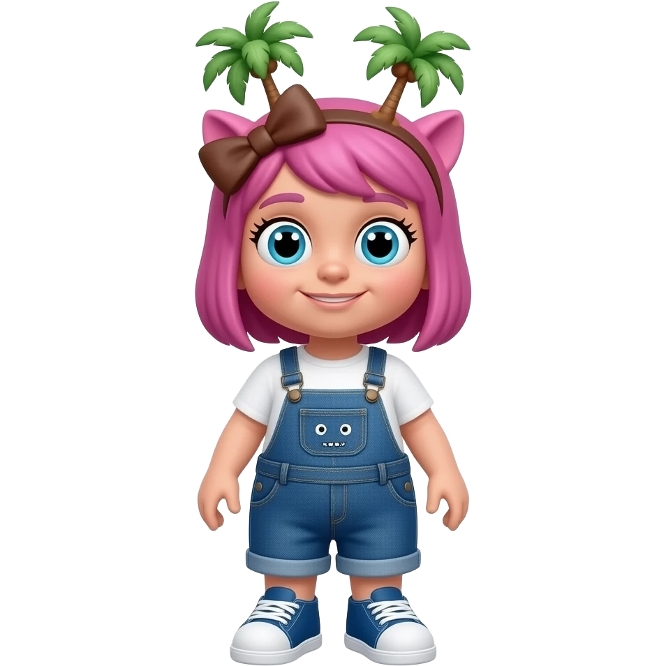 a pink monster who has a brown bow on her forehead. she also has palm trees sticking out of her head. she is wearing blue jean overalls and has a white shirt with a monster on it under the overalls. she is very big, very wide and tall. she is wearing squishmello shoes. emoji