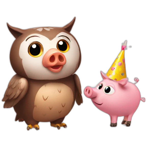 Owl and pig birthday emoji