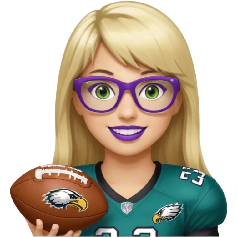 long blonde hair with bangs black rectangle glasses female green eyes football player wearing eagles uniform jersey number 33 holding football smiling purple lipstick emoji