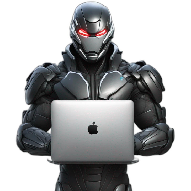 Side view developer behind his laptop with this style : Crytek Crysis Video game with nanosuit hacker themed character emoji