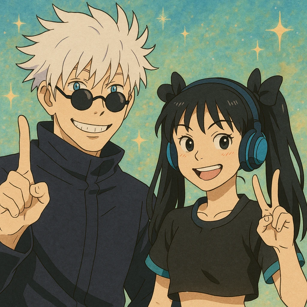Gojo Satoru and his female protégé posing together, both flashing peace signs and mischievous smiles, Gojo with icy-blue eyes and round black shades, protégé with long black hair in twin bows, cropped black top with cyan accents, blue headphones, energetic sparkly background, in ghibli style emoji