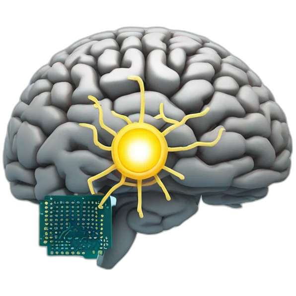 Brain with glowing neurons and computer chip on top emoji