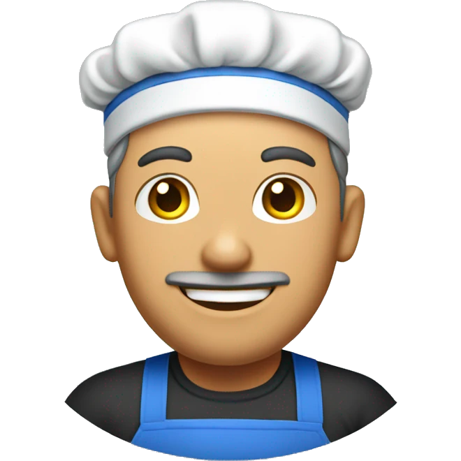 guy in a blue apron shows hello emoji