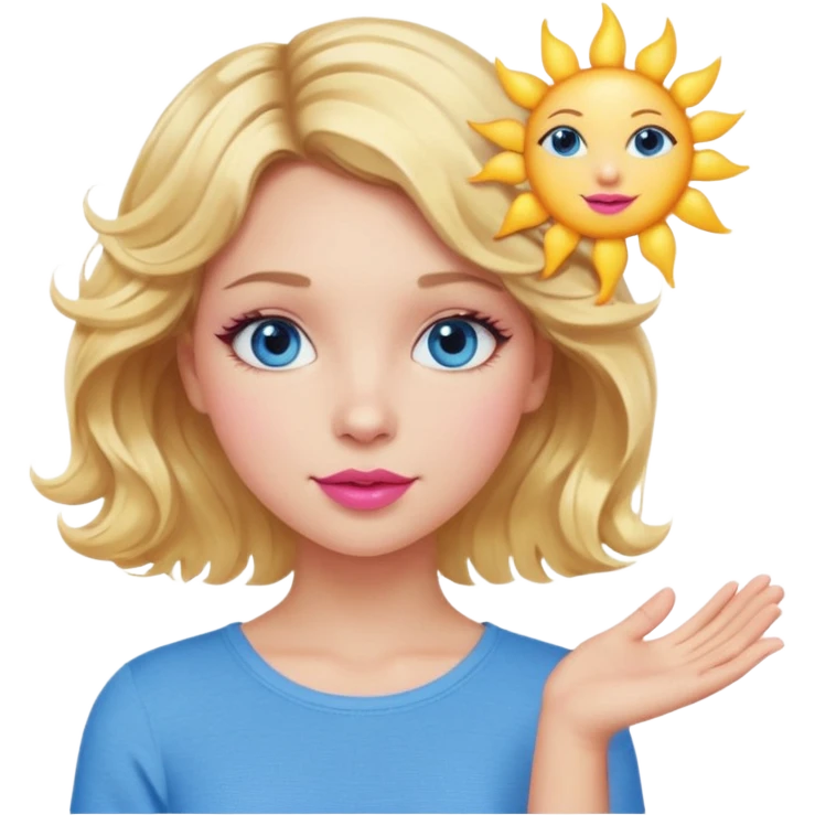 Girl Blonde short wavy hair,  blue eyes, cute blue top, long lashes, pink lips, holding the one sun   emoji