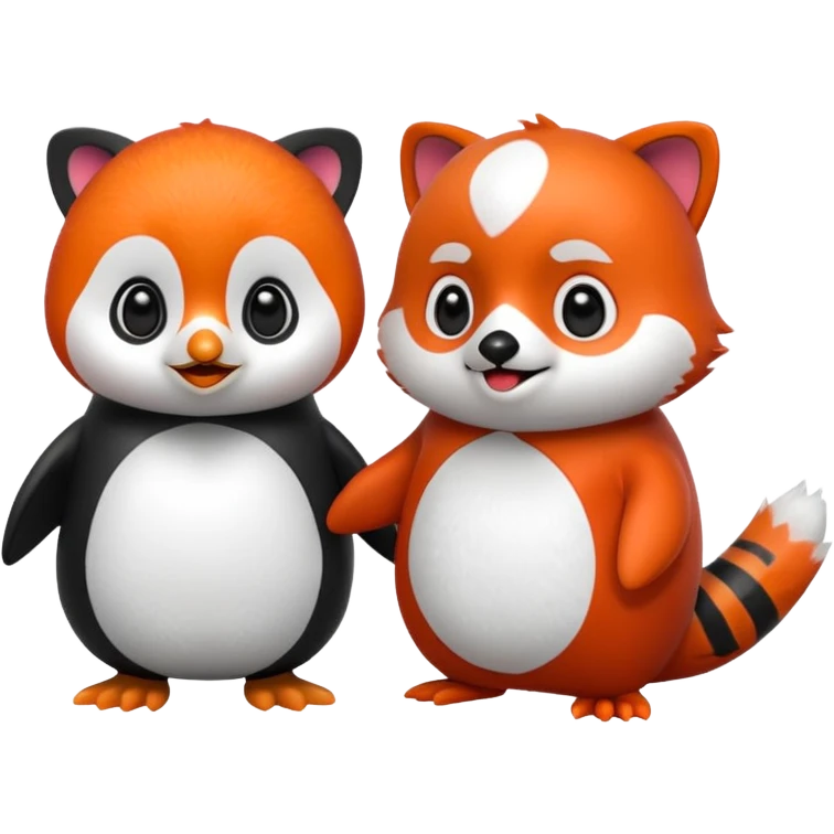 A cartoon  cute cartoon penguin. Next to it is a cartoon red panda holding its flipper  emoji