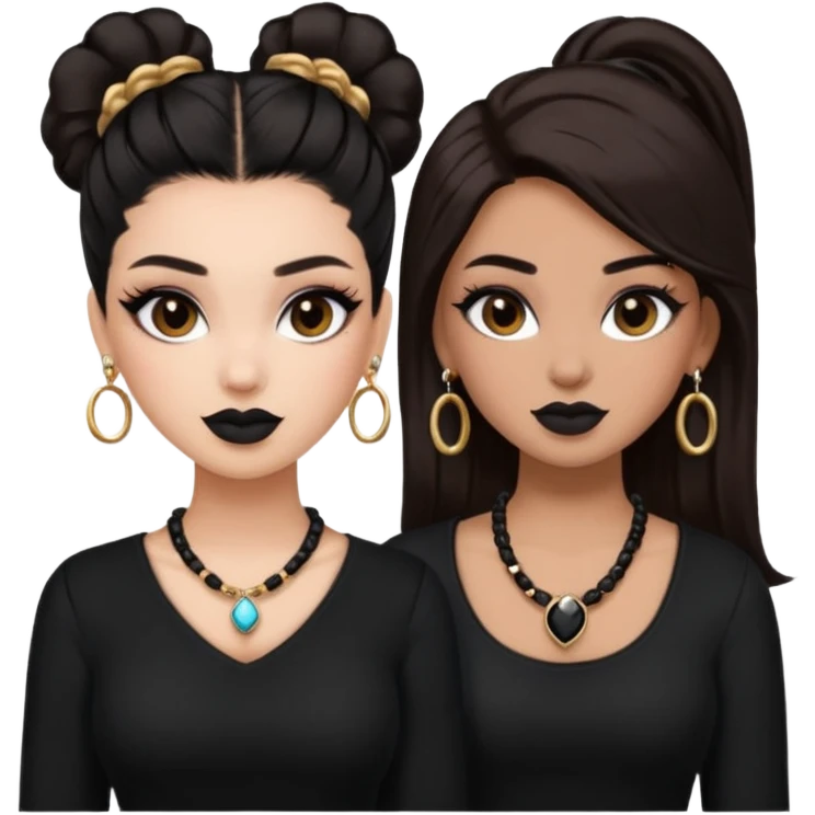 Boujy baddie best friends, trendy heavy makeup both dark hair one light skinned and one mocha brown pretty hair style both wearing black and earrings and necklace  emoji