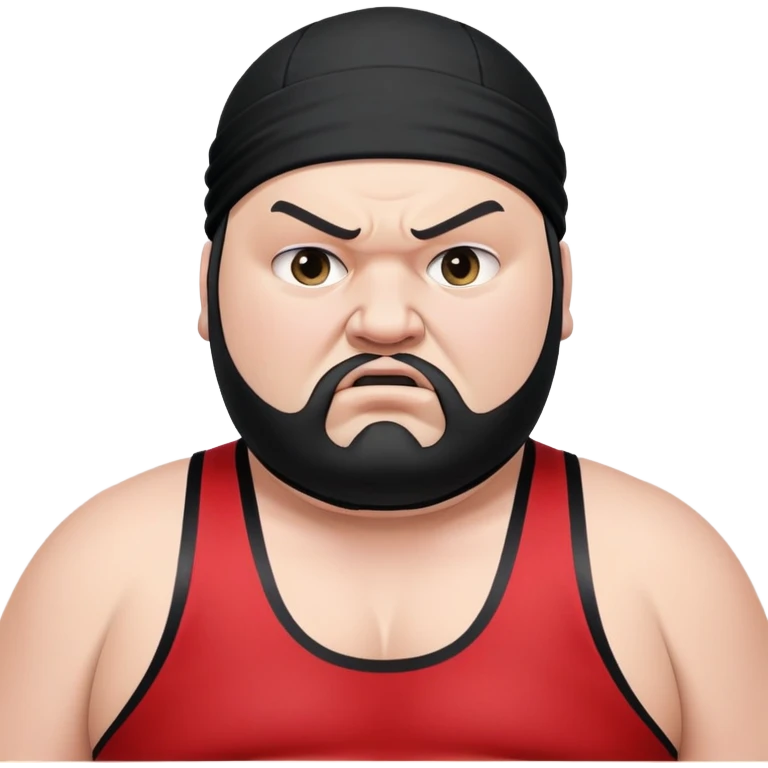Extreme close-up of face of morbidly obese white skin guy with young face, prominent BLACK DURAG tied clearly on head, black beard but no mustache, clean shaven upper lip, black eyes in a red and black wrestling singlet with angry expression emoji