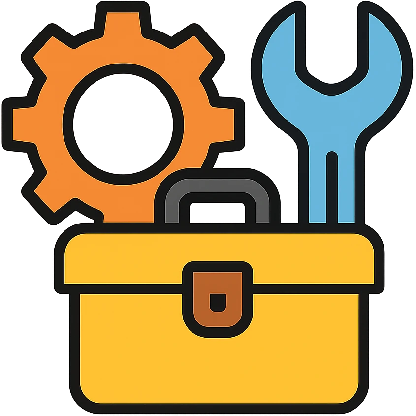 Maintenance gear and wrench symbol with toolbox emoji