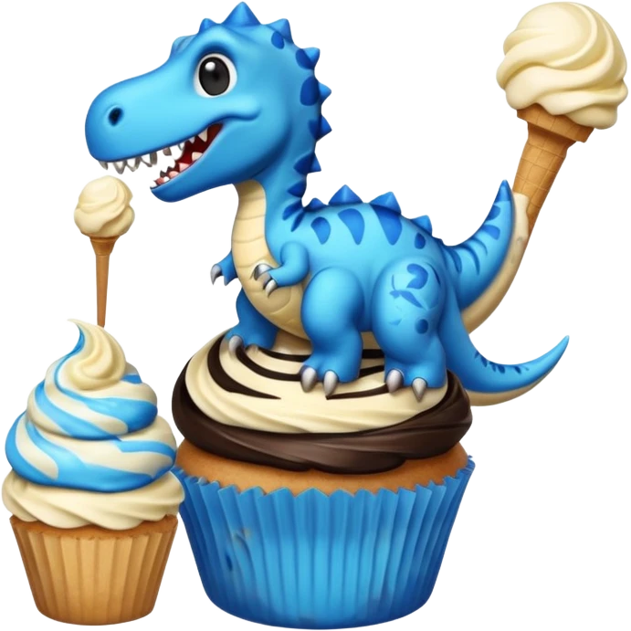 A cupcake having blue and black icing and a dinosaur as a decoration and ice cream next to it emoji