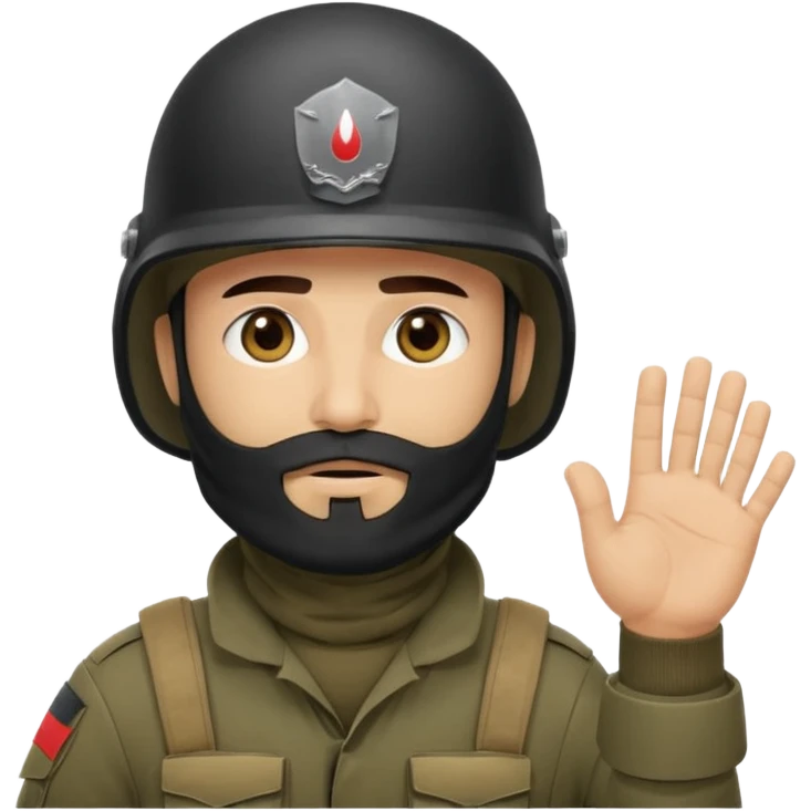 
surrenders, depicts an Iraqi soldier from 1980, with a beard, in a helmet, there are no signs on the helmet, with a balaclava, with sad eyes and raised hands emoji