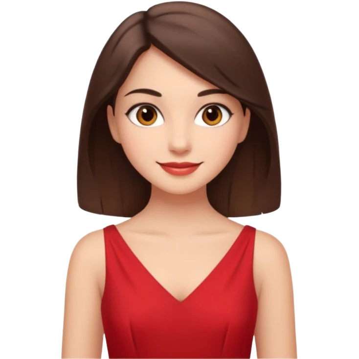 Cartoon emoji of a young brunette woman with fair-medium skin, brown eyes, wearing a red outfit. Full-height, standing confidently in a red dress  posing sexy with a smile and relaxed posture. Smooth, friendly, stylized, make up on, flirty eyes and smile emoji