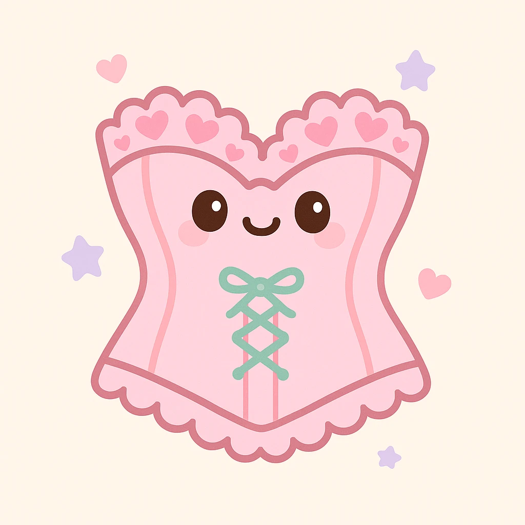 a pink lacey coquette corset, playful and cute, with heart-shaped lace patterns, kawaii style emoji