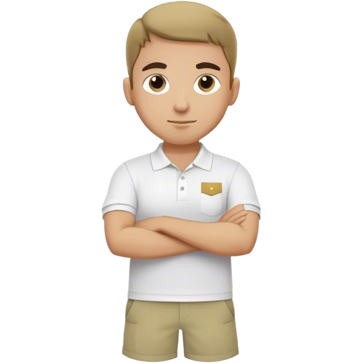 Pool attendant. white polo shirt. khaki shorts. Arabic. Arms crossed emoji