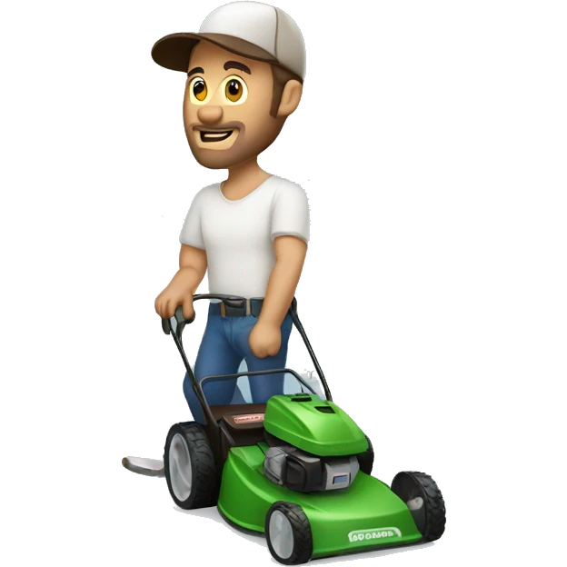 man with brown hair, a baseball hat, mowing the lawn, talking on the phone  emoji