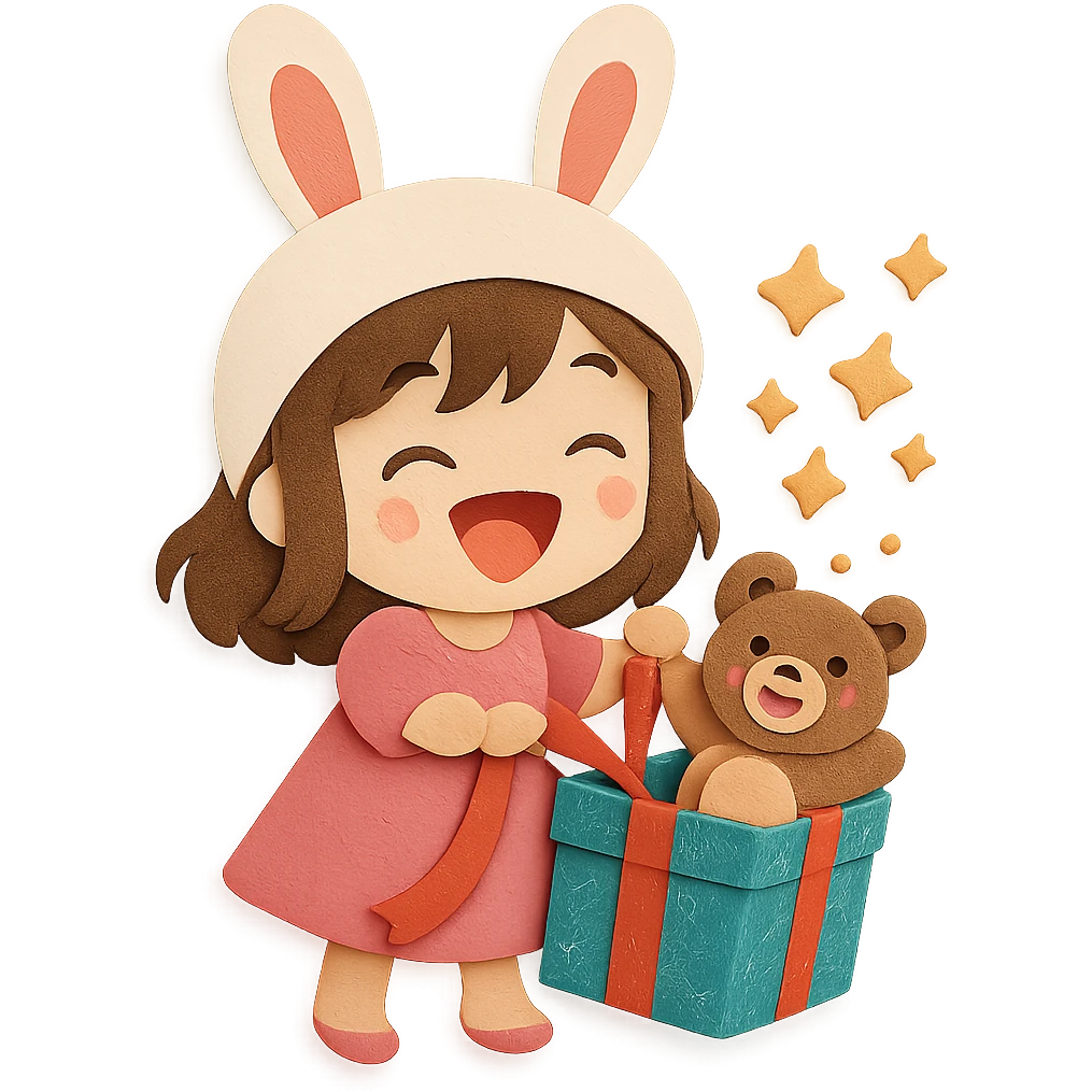 Regenerate this image for a cleaner, higher-quality look. Keep the girl in a beautiful design dress, bunny hat, magical glitter gift box, laughing teddy bear, full body, clean and polished, no imperfections emoji