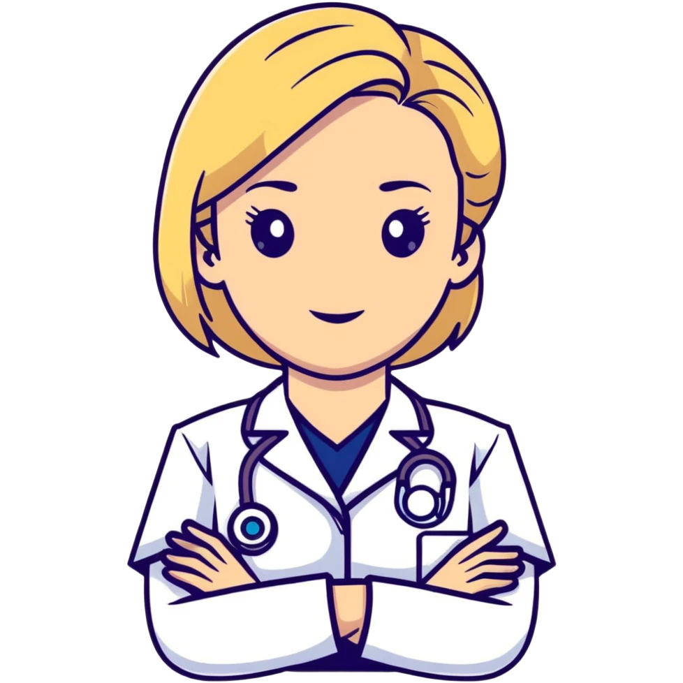 blonde woman kinesiologist in medical uniform with thoughtful face emoji