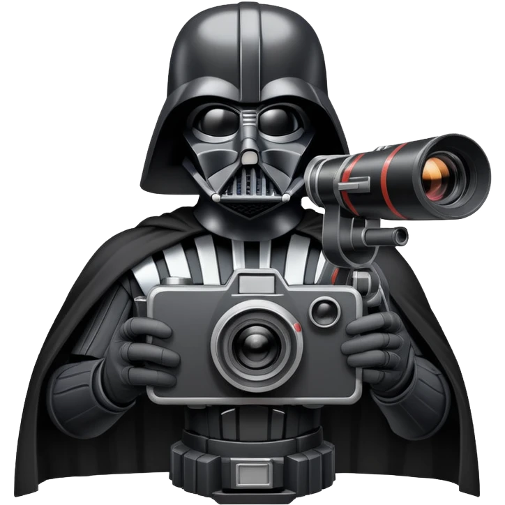 A cel-shaded illustration in the style of Borderlands, featuring Darth Vader holding a retro film camera instead of a lightsaber. Use bright, high contrast and bold outlines. No background, transparent. emoji
