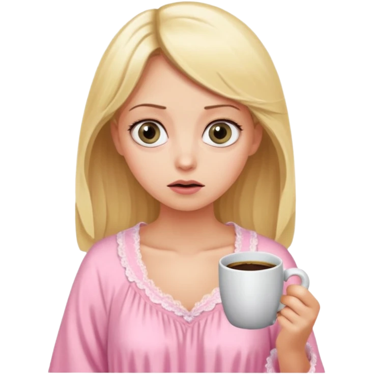 A blonde woman in a pink nightgown with wide eyes looks for coffee. emoji