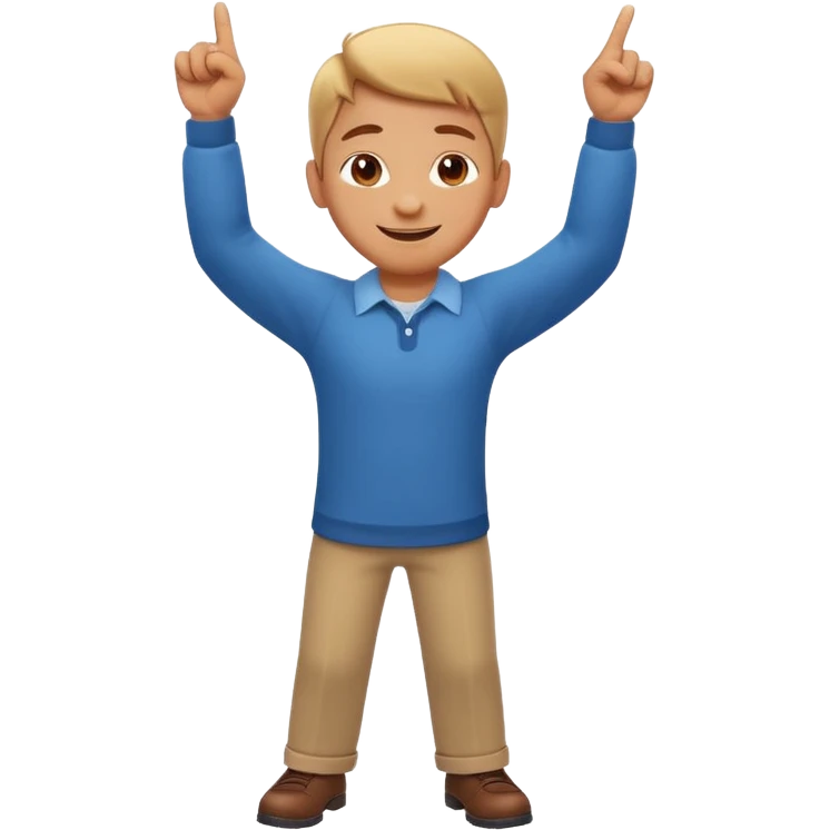 emoji of a cheerful cartoon person pointing down at the ground with both hands — standing straight, smiling confidently, arms bent and both index fingers extended downward — simple background, bright lighting, clean expressive Apple emoji design, playful and clear “here” meaning emoji