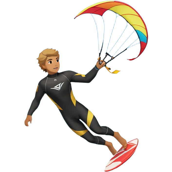 A kite surfer soaring above the waves, holding onto a kite with the wind in full force. The background showcases the ocean and sky, emphasizing the freedom, thrill, and energy of the sport. The motion of the kite and board is dynamic, capturing the excitement of kiting. emoji