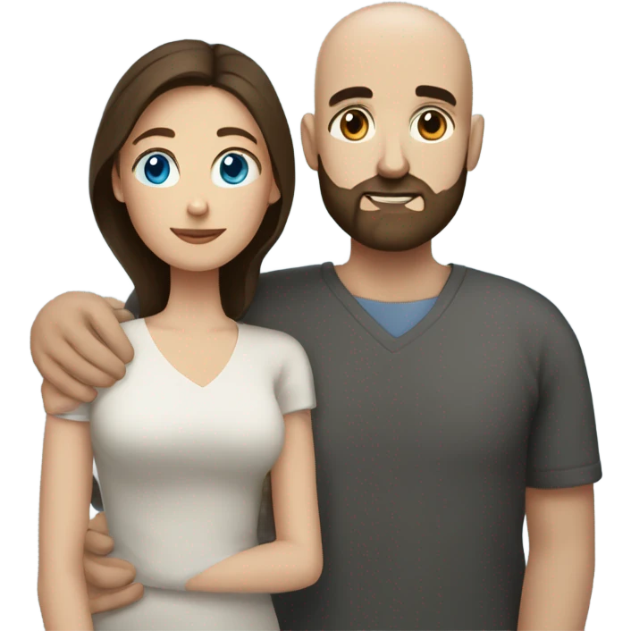 dark brown haired woman with blue eyes cuddling bald man with beard emoji