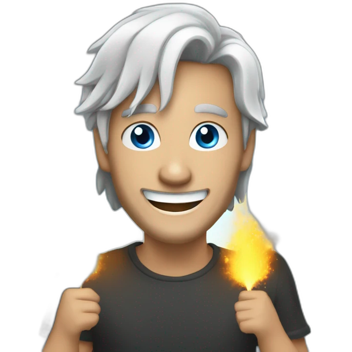 30 years old smiling man with Grey long hair man with blue eyes doing fireshow emoji