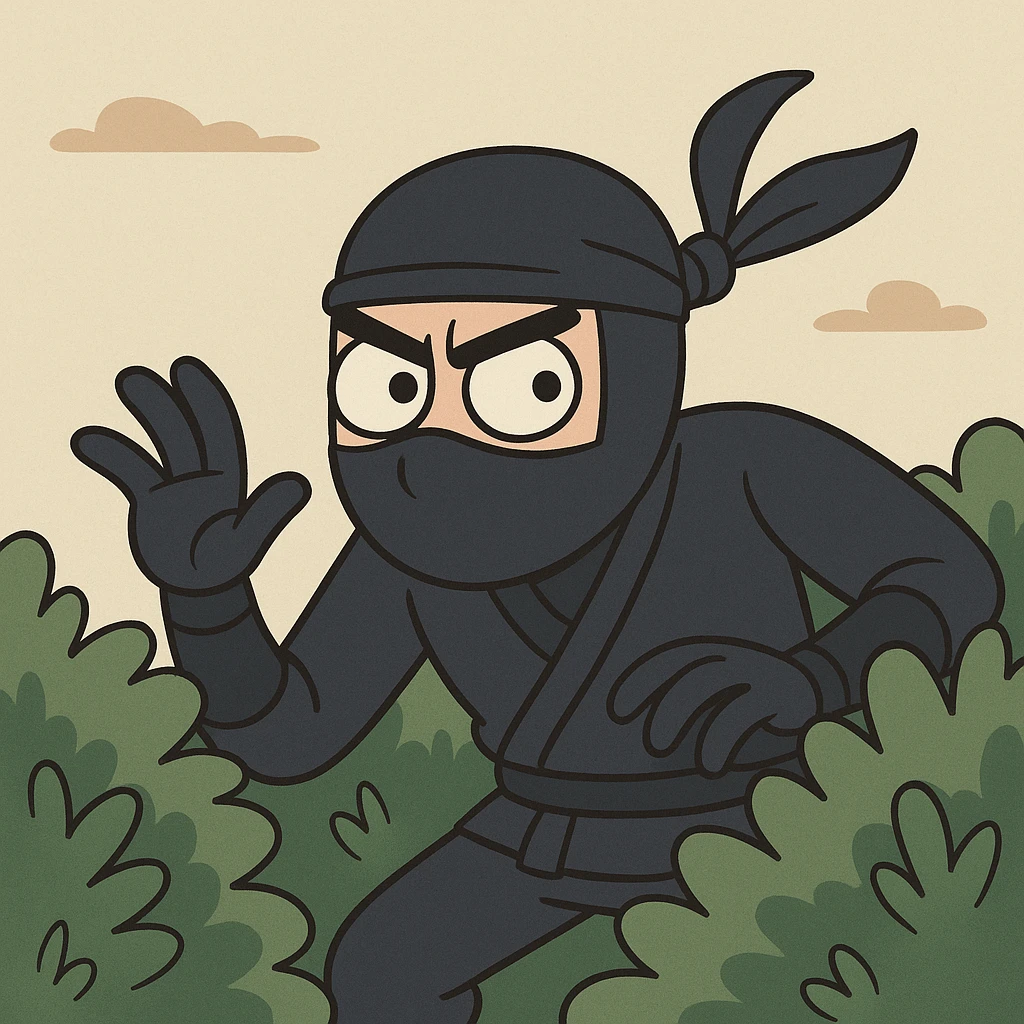 a ninja camouflaged among bushes, stealthy pose, minimal background emoji