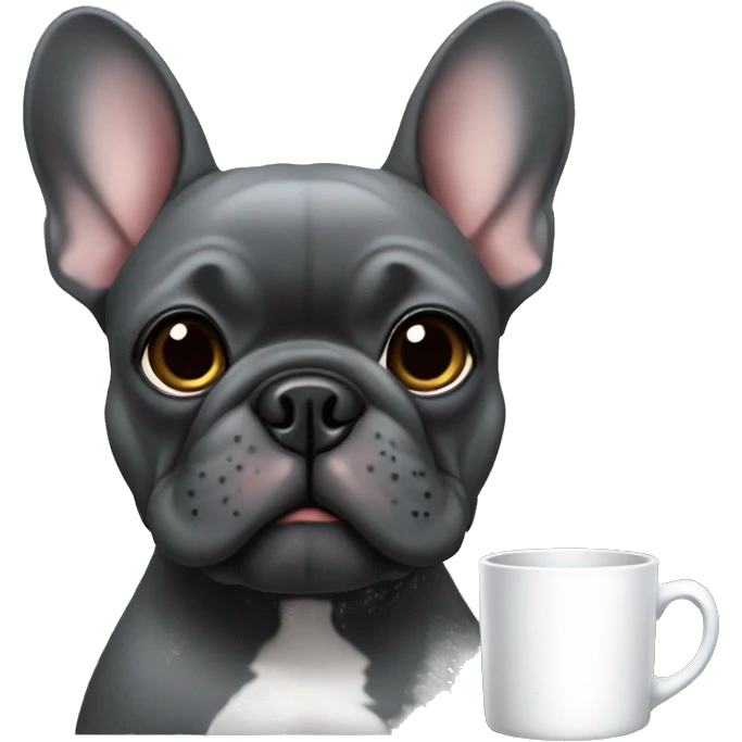 dark grey french bulldog holding a mug emoji