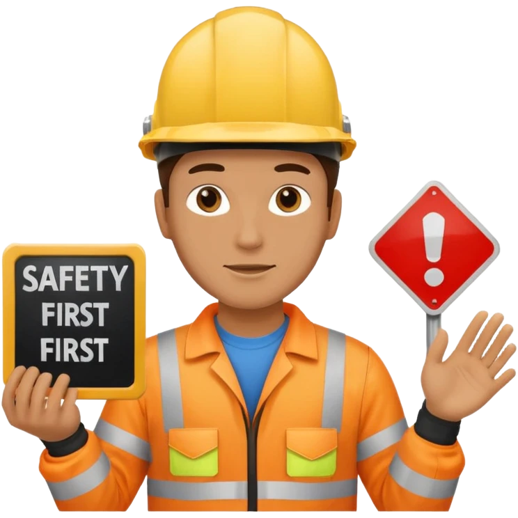 a guy wearing safety outfit with helmet holding a panel written on it SAFETY FIRST emoji