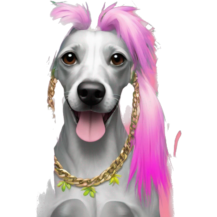 Punk tropical palm leaves flowers Chinese crested dog neon rainbow cyan green pink hair gold chain punk piercings tattoos punk ear piercings emoji