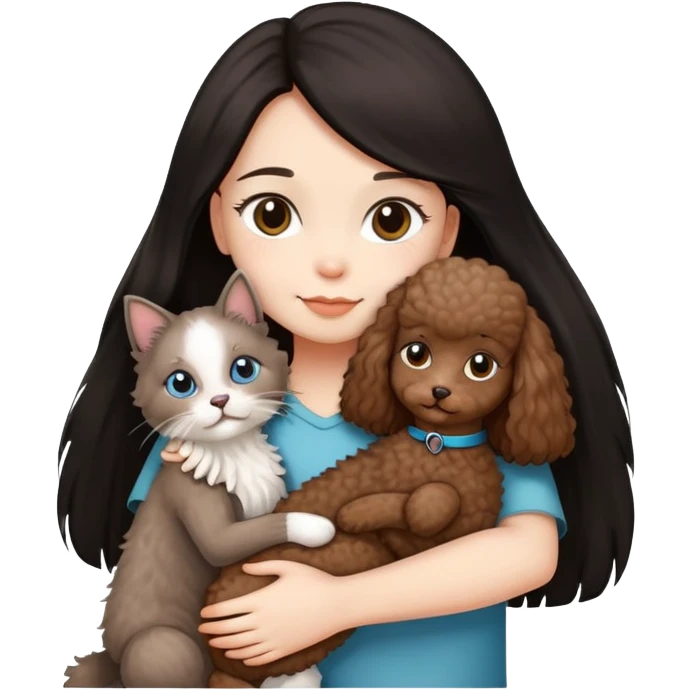 女仔黑色直長頭髮，￼抱住一隻啡色小型貴賓犬， 同埋一隻布偶貓 emoji