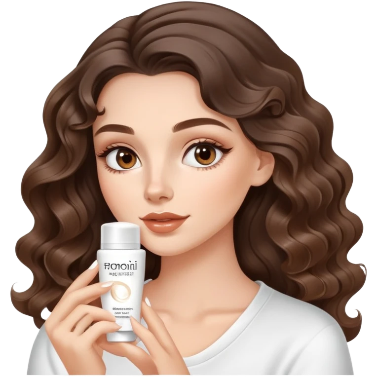 beautiful brunette with a light balayage white girl with nice curls/defined waves, very long hair, clean girl makeup APPLYING A FACE CREAM ON HER FACE emoji