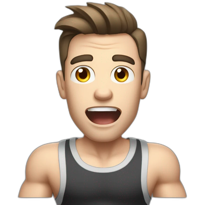 amazed Open with surprise mouth Pale skinned Fit Man With the biceps and dark brown hair in black shirt, gray sports shorts and white Sneakers emoji