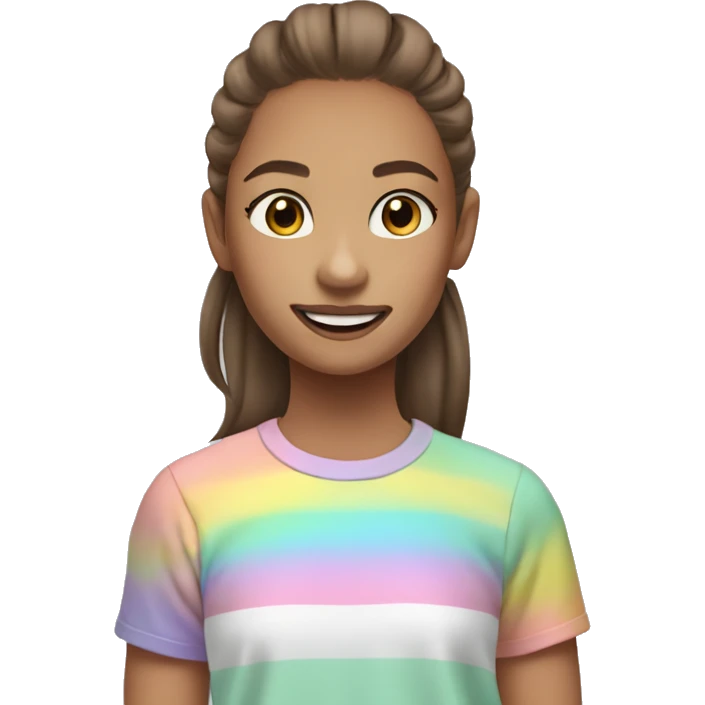 Teen girl with mint colored braces brown medium length hair in a ponytail and a pastel rainbow t shirt emoji