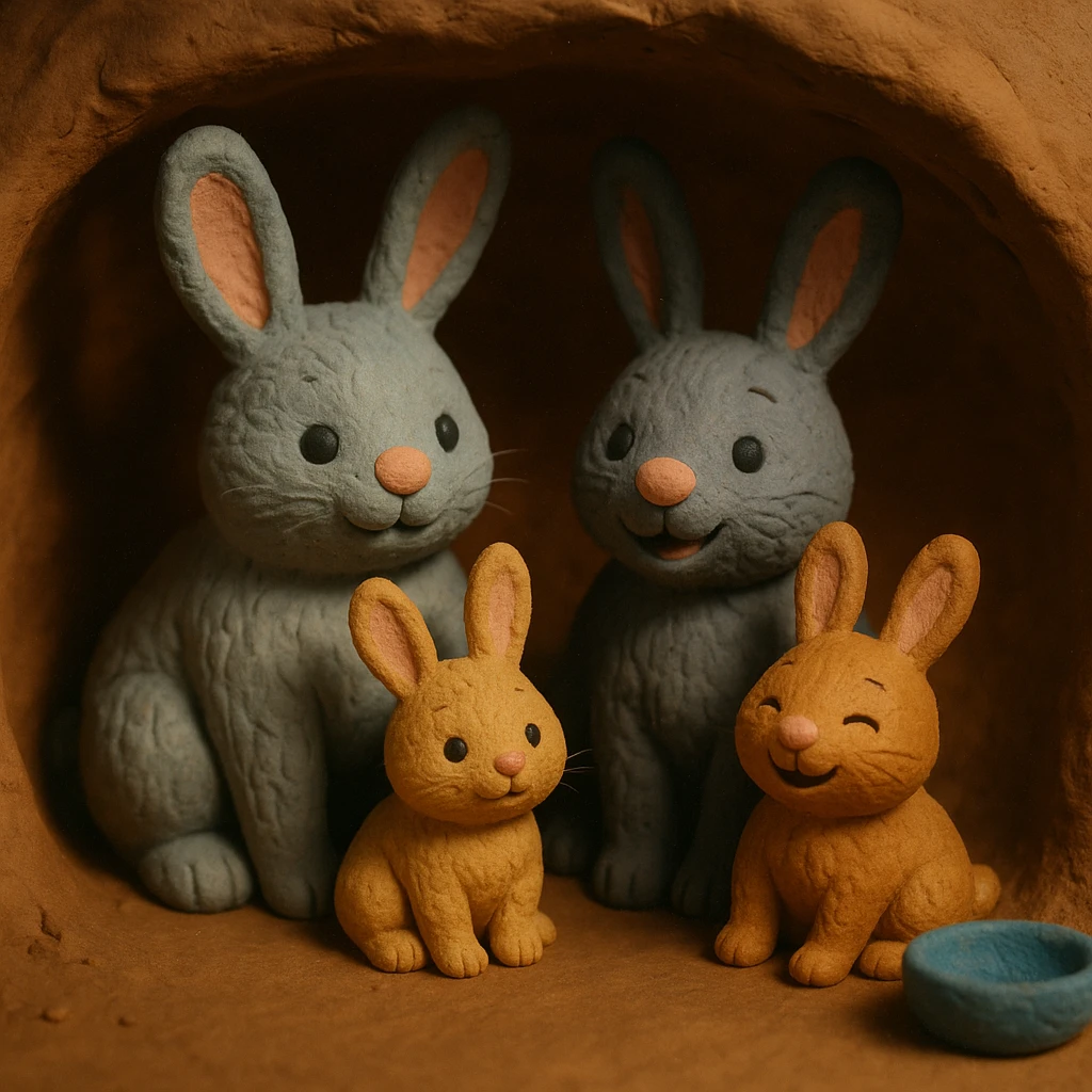 rabbit family in a burrow, cozy and cheerful, detailed fur, claymation style emoji
