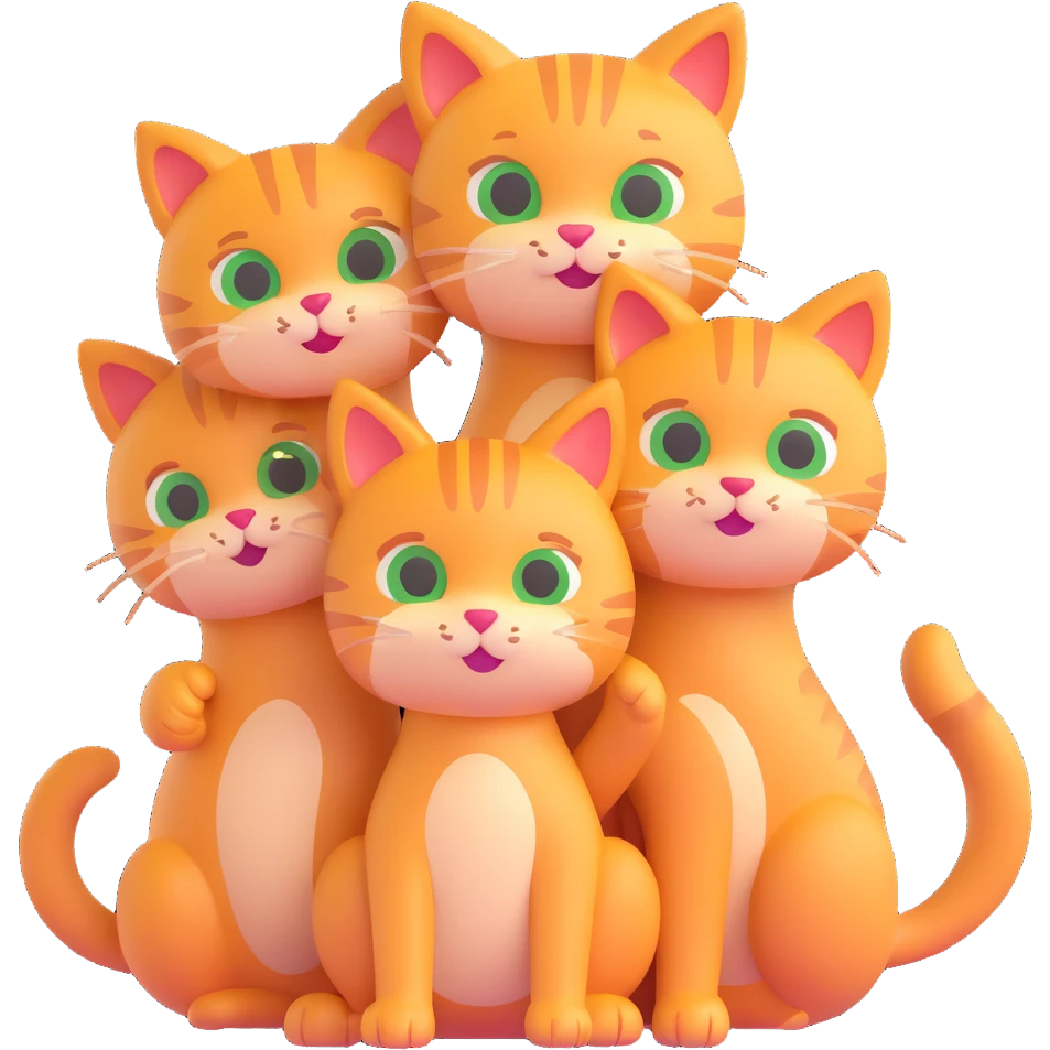 three cats together, each with a unique pose, friendly 3D emoji style emoji