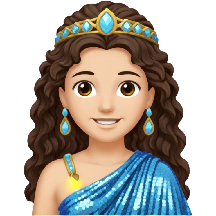 Minerva, Goddess of Wisdom from Roman Deities with long dark brown wavy hair, light blue sequin toga emoji