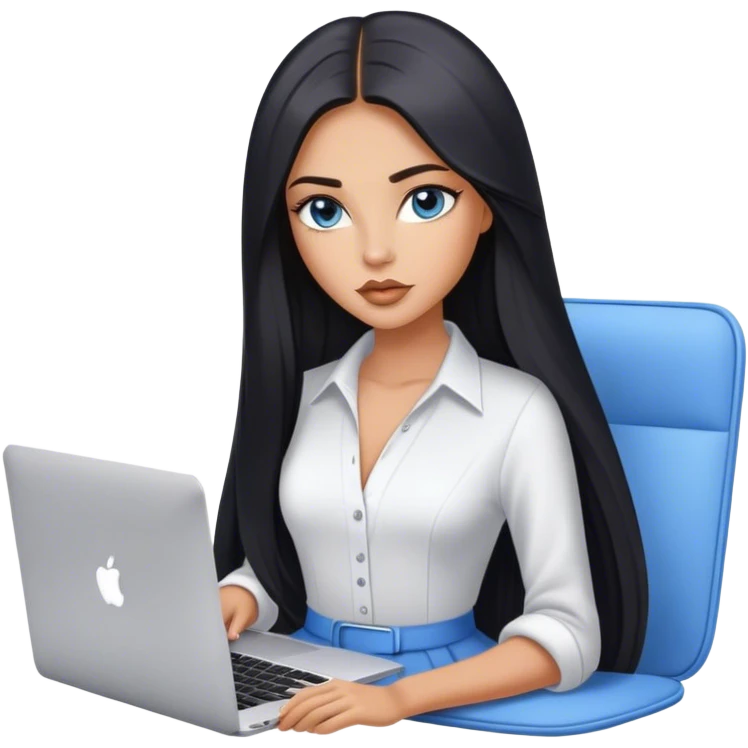 Glamours tanned very beautiful girl with pump nude lips and black straight smooth long hair, blue-grey eyes in beautiful clothing with MacBook. emoji
