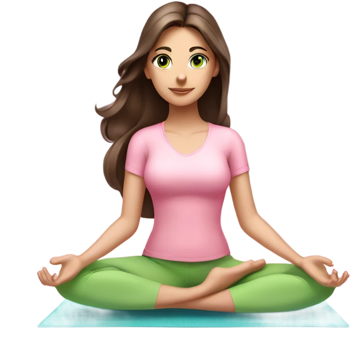 Brunette long hair and green eyes yoga beautiful girl in light pink pink pink clothes sitting on a yoga mat emoji