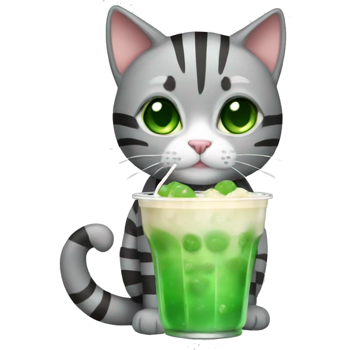 A striped grey cat with green eyes drinking boba emoji