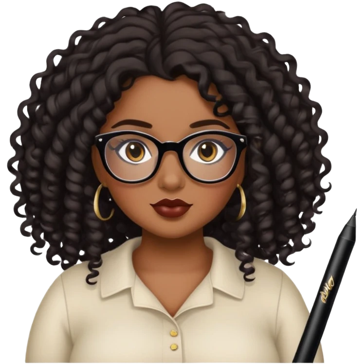 girl, brown skin, pretty, lipliner, eyeliner, eyelashes, plus size, brown eyes, LONG black curly hair, glasses emoji
