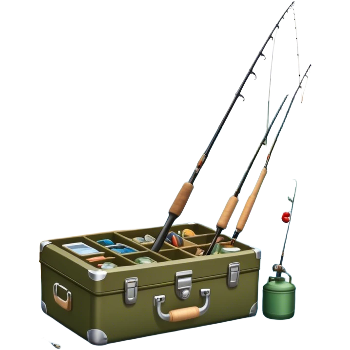 Icon for Fishing: a boat on the shore of a peaceful water body with a beautiful natural landscape, a fishing tackle box, a spinning rod. The icon should capture the tranquility and gear of a fishing adventure. Without frame. Transparent background. emoji