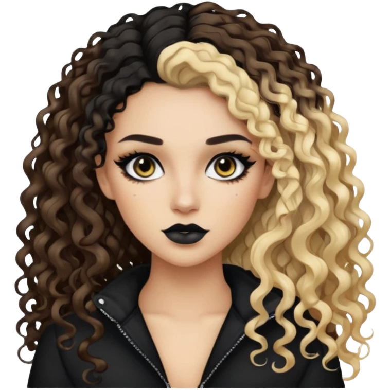 brunette split dye leftside blonde rightside black, baddie, pretty makeup, black eyeliner, long and curly hair emoji